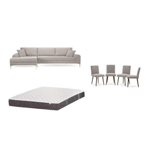 Krémszínű baloldali sarokkanapé, 4 db szürkésbézs szék ,matrac (160 x 200 cm) szett - Home Essentials