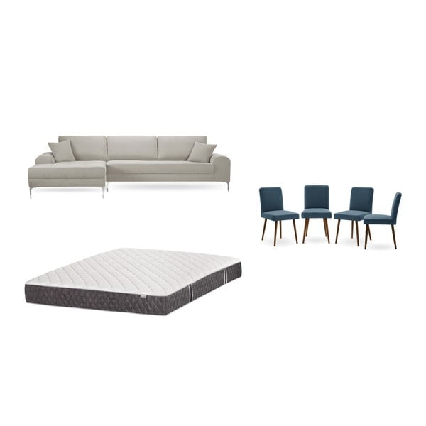 Krémszínű baloldali sarokkanapé, 4 db kék szék, matrac (160 x 200 cm) szett - Home Essentials