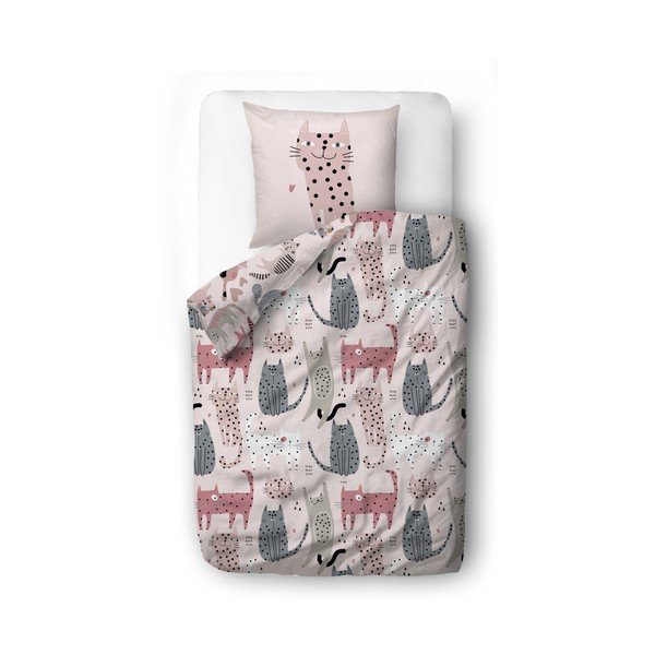 Rózsaszín egyszemélyes pamut-szatén gyerek ágyneműhuzat 140x200 cm Meow Meow – Butter Kings