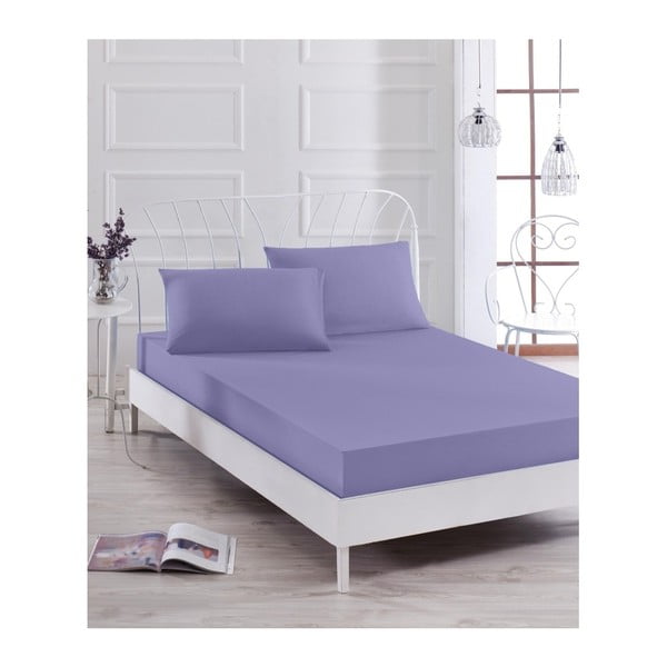 Basso Purple lila elasztikus lepedő és párnahuzat szett egyszemélyes ágyhoz, 100 x 200 cm