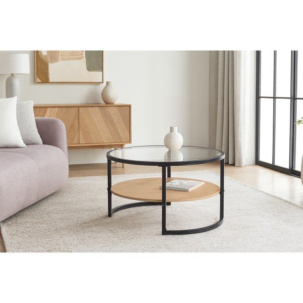 Fekete-natúr színű kerek dohányzóasztal tölgyfa dekorral ø 68 cm Zanu – Bonami Essentials-image-4