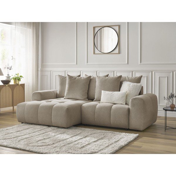 Bézs zsenília kinyitható-tárolóhelyes sarokkanapé (bal oldali-heverő résszel) Roxelane – Bobochic Paris-image-3