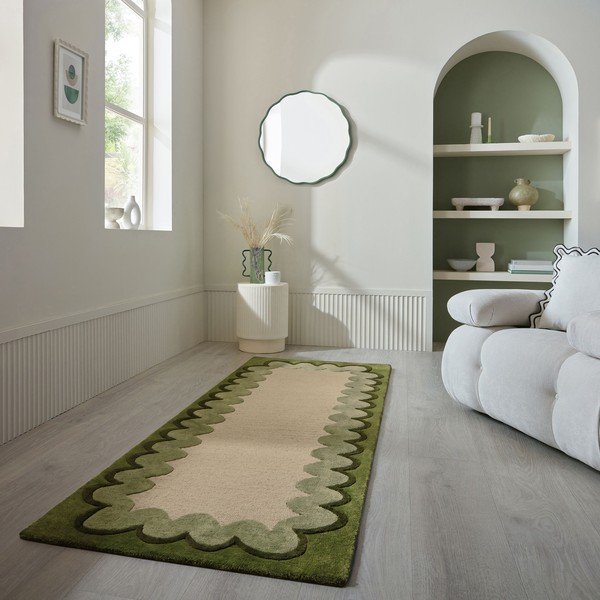 Zöld-natúr színű kézi szövésű gyapjú futószőnyeg 80x230 cm Wiggle Wool – Flair Rugs-image-1