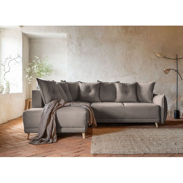 Világosbarna kordbársony kinyitható sarokkanapé (bal oldali) Lazy Lukka – Miuform-image-1