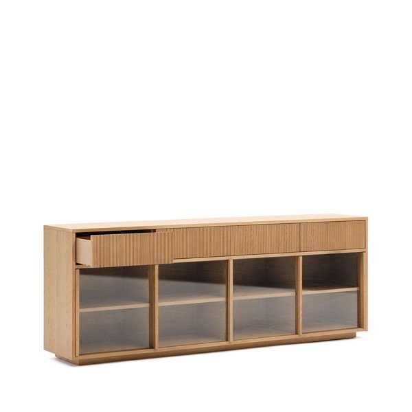 Natúr színű tálalószekrény tolóajtóval tölgyfa dekorral 200x80x40 cm Helvine – Kave Home-image-3