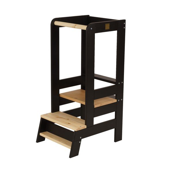 Fekete-natúr színű borovi fenyő tanulótorony Montessori – Meowbaby