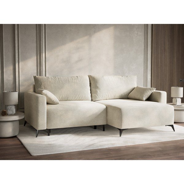 Krémszínű zsenília kinyitható-tárolóhelyes sarokkanapé (jobb oldali-heverő résszel) Leon – Maison de Rêve-image-4