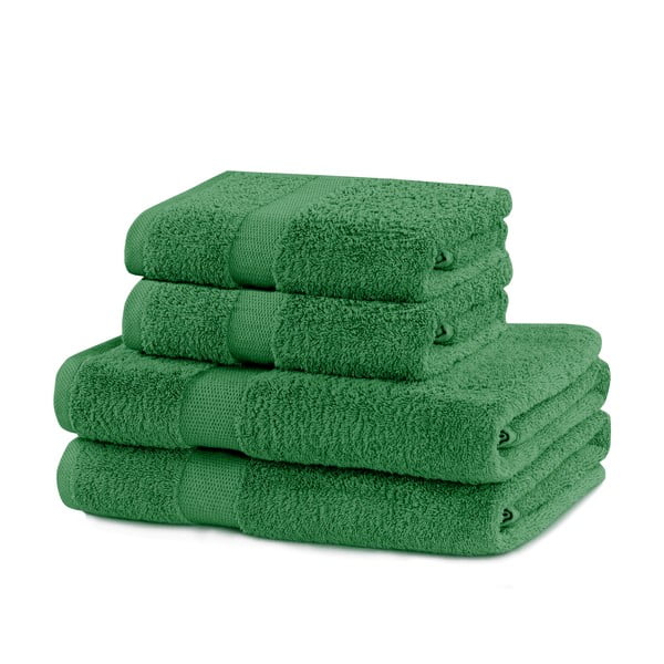 Sötétzöld frottír pamut törölköző és fürdőlepedő készlet 4 db-os Marina – Restilo