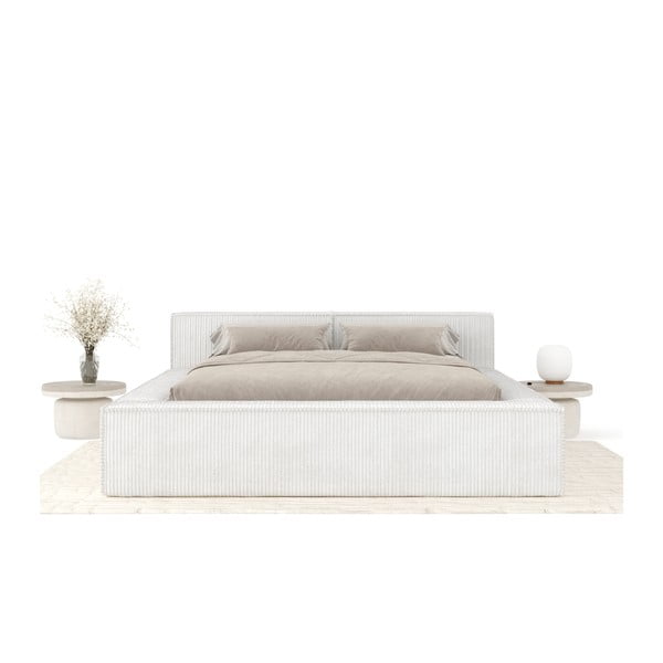 Krémszínű kárpitozott ágyneműtartós franciaágy ágyráccsal 160x200 cm Voliera – Maison de Rêve-image-3