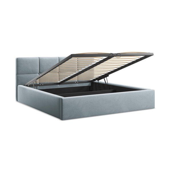 Világoskék bársony kárpitozott ágyneműtartós franciaágy ágyráccsal 140x200 cm Hiko – Makamii-image-2