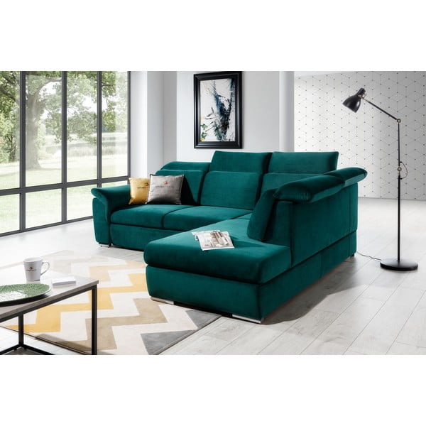 Zöld bársony kinyitható-tárolóhelyes sarokkanapé (jobb oldali-L alakú) Loreto – ELTAP-image-4