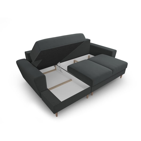 Sötétszürke bársony kinyitható tárolóhelyes sarokkanapé (bal oldali-heverő résszel) Kyoto – Cosmopolitan Design-image-3