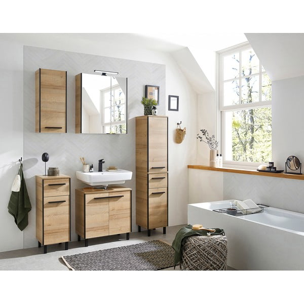 Natúr színű fali mosdó alatti szekrény tölgyfa dekorral 53x60 cm Quickset 395 – Pelipal-image-1