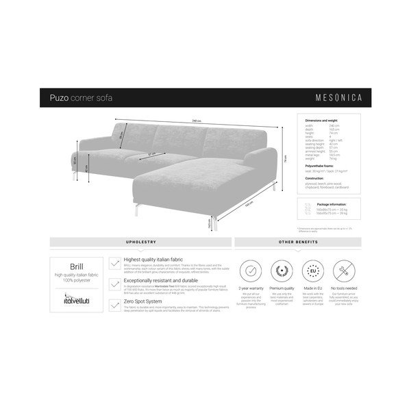 Puzo kék sarokkanapé fém lábakkal, bal oldali kivitel - MESONICA-image-1