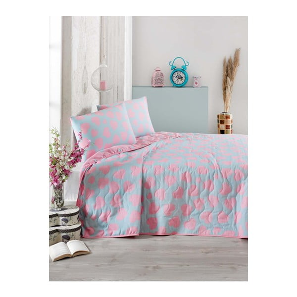 Pari kék-rózsaszín kétszemélyes ágytakaró párnahuzattal, 200 x 220 cm
