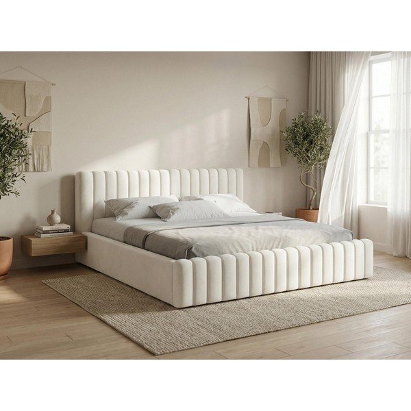 Szürke kárpitozott ágyneműtartós franciaágy ágyráccsal 180x200 cm Lemi – Makamii-image-1