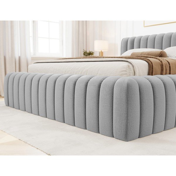 Világosszürke kárpitozott ágyneműtartós franciaágy ágyráccsal 160x200 cm Carilla – ELTAP-image-3