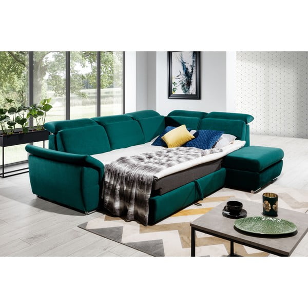 Zöld bársony kinyitható-tárolóhelyes sarokkanapé (jobb oldali-L alakú) Loreto – ELTAP-image-3