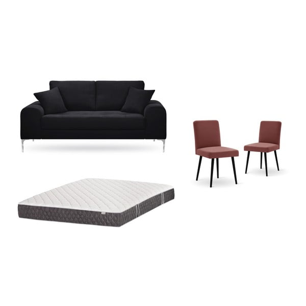 Fekete, kétszemélyes kanapé, 2 db téglapiros szék, matrac (140 x 200 cm) szett - Home Essentials
