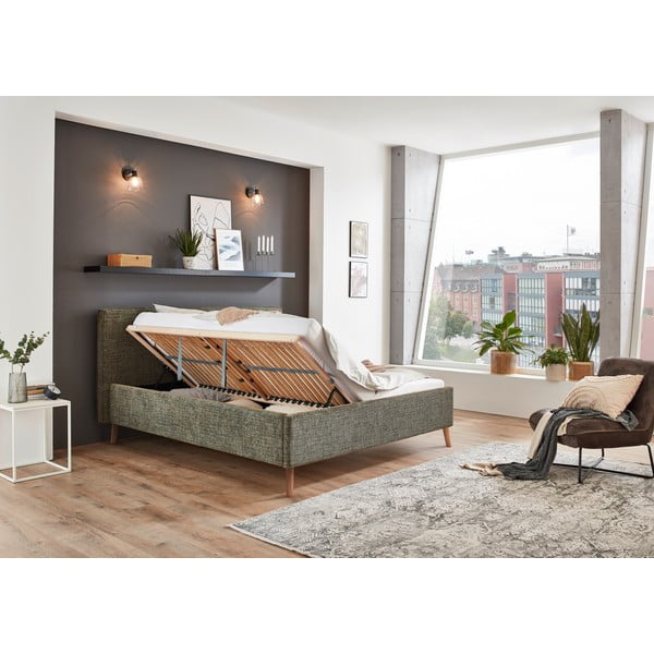 Sötétzöld kárpitozott ágyneműtartós franciaágy ágyráccsal 160x200 cm Riva – Meise Möbel-image-3