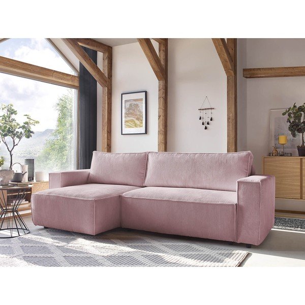 Világos rózsaszín kordbársony kinyitható sarokkanapé (variálható) Nihad – Bobochic Paris-image-1