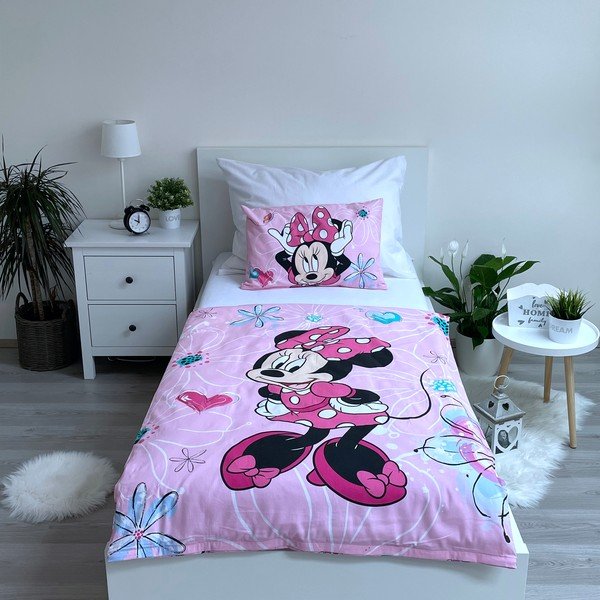 Rózsaszín pamut gyerek ágyneműhuzat babaágyhoz 100x135 cm Minnie Flowers  – Jerry Fabrics-image-1