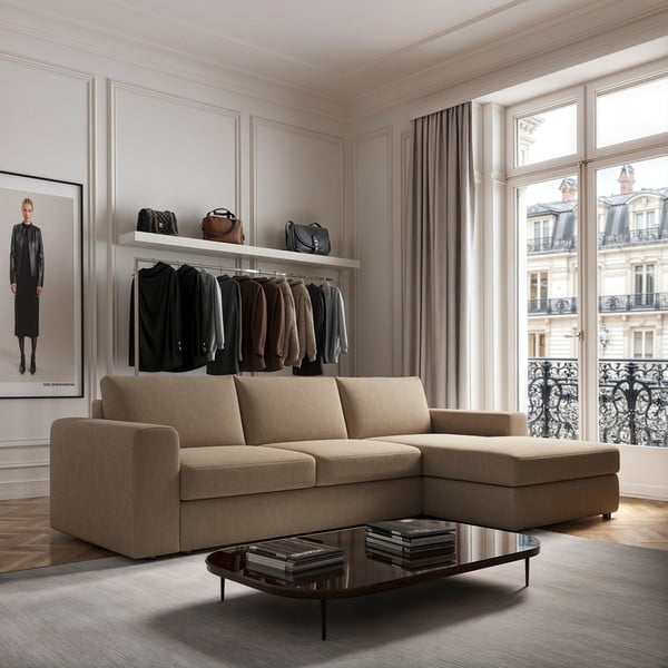 Világosbarna bársony sarokkanapé (jobb oldali-heverő résszel) Baga – Rodier-image-1