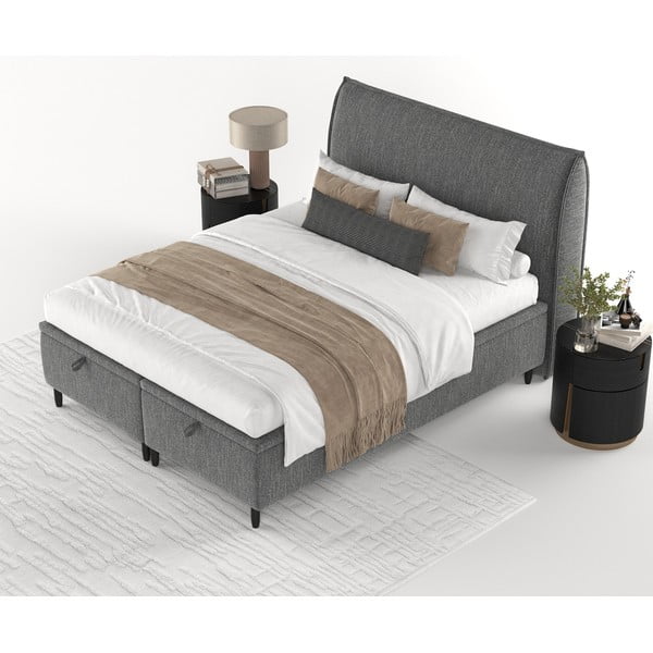 Szürke kárpitozott ágyneműtartós franciaágy 200x200 cm Pearl – Maison de Rêve-image-4