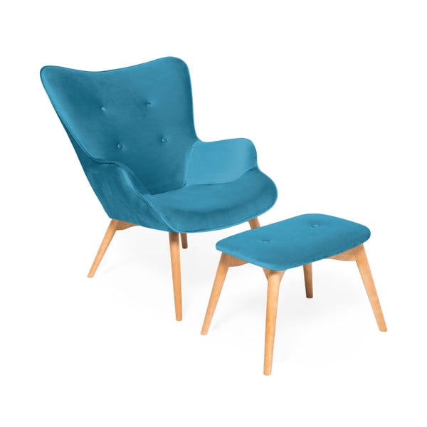 Cora Velvet akvamarin-kék fotel és lábtartó, természetes lábszerkezet - Vivonita