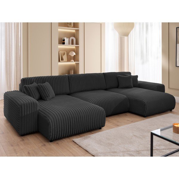 Sötétszürke kordbársony kinyitható-tárolóhelyes  sarokkanapé (U alakú) Sarina – Ropez-image-4