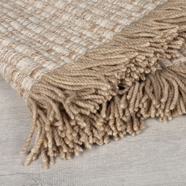 Bézs kézi szövésű gyapjúkeverék szőnyeg 120x170 cm Rene Fringed Ribbed – Flair Rugs-image-2