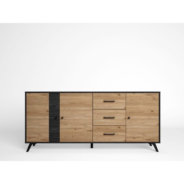 Fekete-natúr színű alacsony komód tölgyfa dekorral 181x81 cm Bocami – Marckeric-image-1