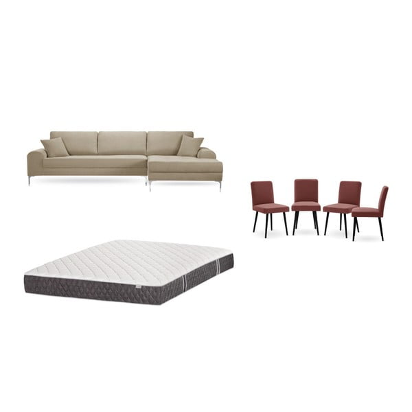 Szürkésbézs jobboldali sarokkanapé, 4 db téglapiros szék, matrac (160 x 200 cm) szett - Home Essentials