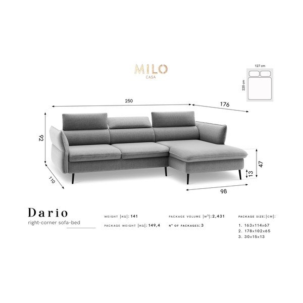Dario kék ötszemélyes kinyitható kanapé tárolóhellyel, jobb oldali - Milo Casa-image-2