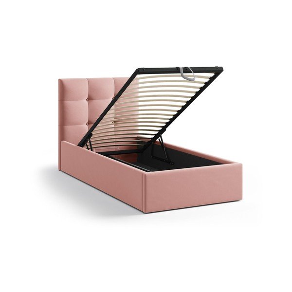 Rózsaszín kárpitozott ágyneműtartós egyszemélyes ágy ágyráccsal 90x200 cm Phaedra – Micadoni -image-1