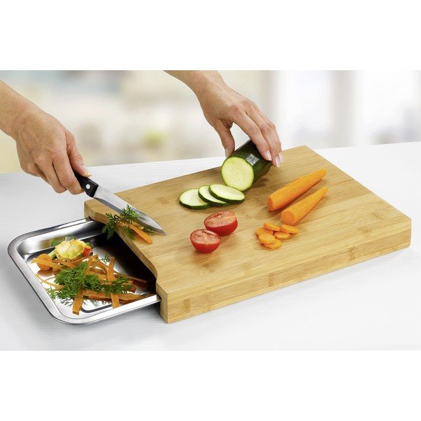 Bambusz vágódeszka rozsdamentes acél tálcával 24.5x35 cm - Maximex-image-1
