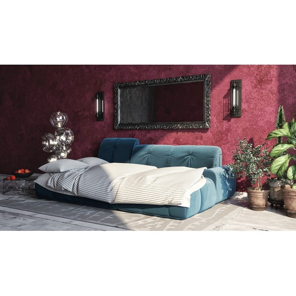 Tous sötétkék kinyitható bal oldali bársony sarokkanapé - devichy-image-1