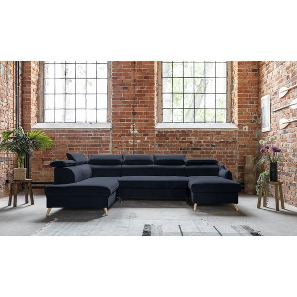 Sötétkék bársony kinyitható sarokkanapé (bal oldali-"U" alakú) Sweet Harmony – Miuform-image-1