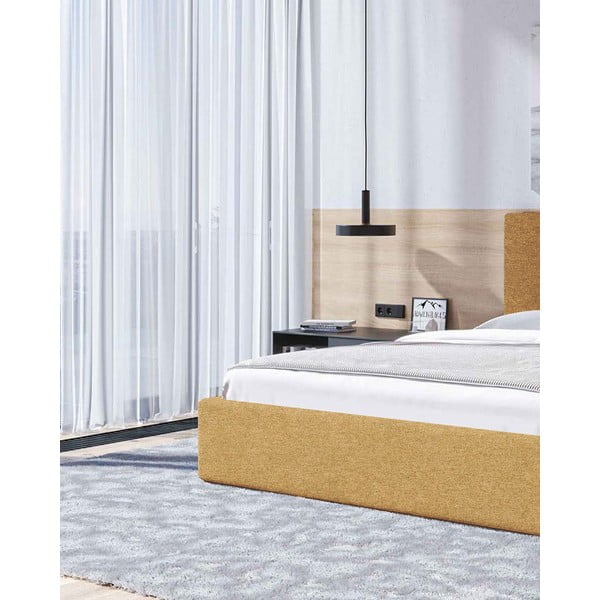 Okkersárga kárpitozott ágyneműtartós franciaágy ágyráccsal 140x200 cm Bufo – MESONICA-image-4