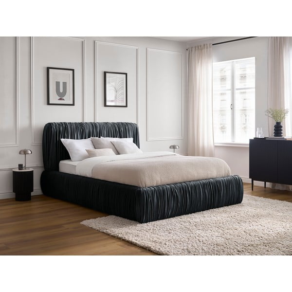 Világoskék kárpitozott ágyneműtartós franciaágy ágyráccsal 180x200 cm Blair – Bobochic Paris-image-1