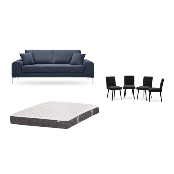 Sötétkék, háromszemélyes kanapé, 4 db fekete szék, matrac (160 x 200 cm) szett - Home Essentials
