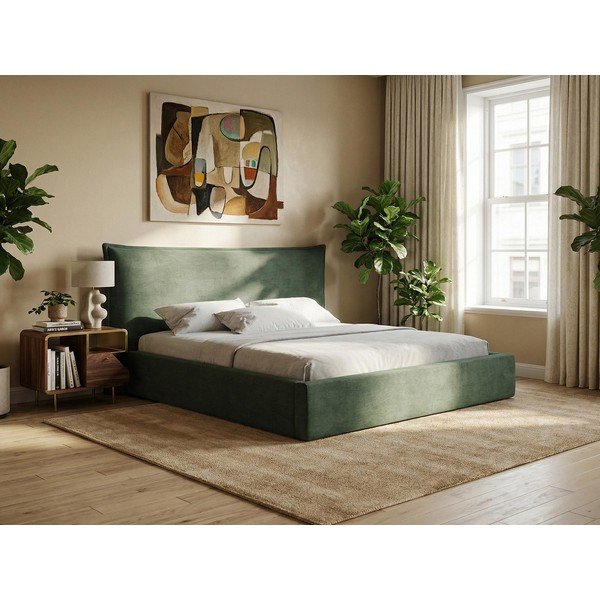 Sötétlila kárpitozott ágyneműtartós franciaágy ágyráccsal 140x200 cm Esala – Makamii-image-1