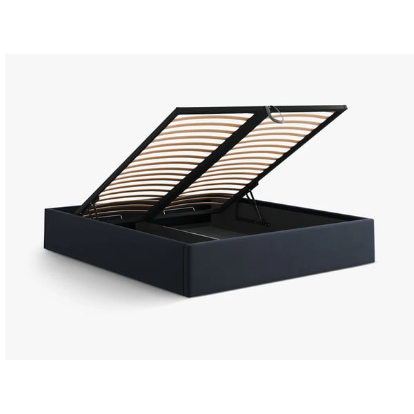 Sötétkék kárpitozott ágyneműtartós-ágytámla nélkül franciaágy ágyráccsal 140x200 cm Susan – Micadoni -image-3