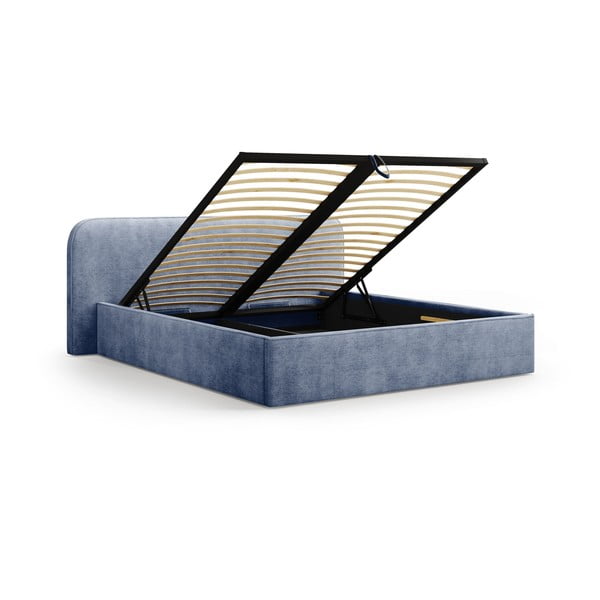 Sötétkék kárpitozott ágyneműtartós franciaágy ágyráccsal 160x200 cm Elizabeth – Micadoni -image-2