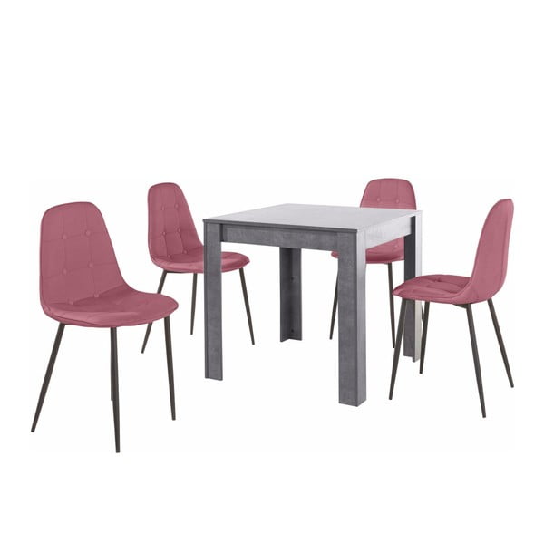 Lori Lamar Duro szürke étkezőasztal és 4 részes rózsaszín étkezőszék szett - Støraa