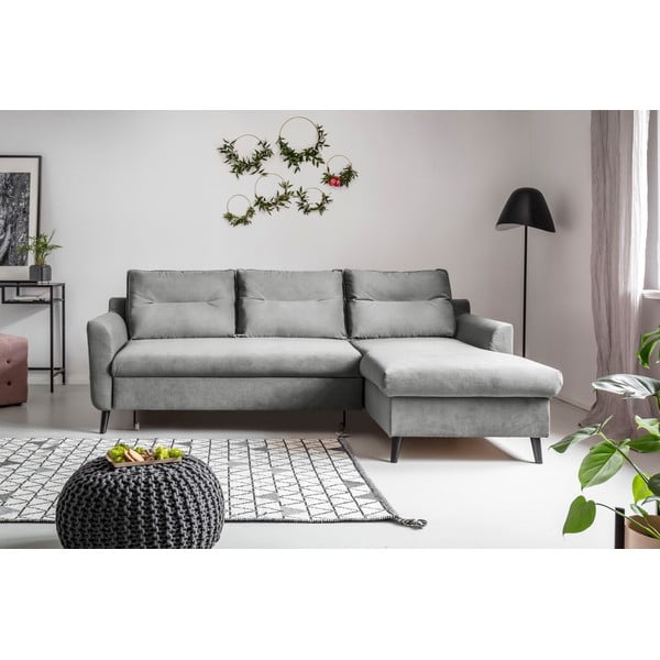 Stylish Stan világosszürke kinyitható bársony sarokkanapé, jobb oldali - Miuform-image-1