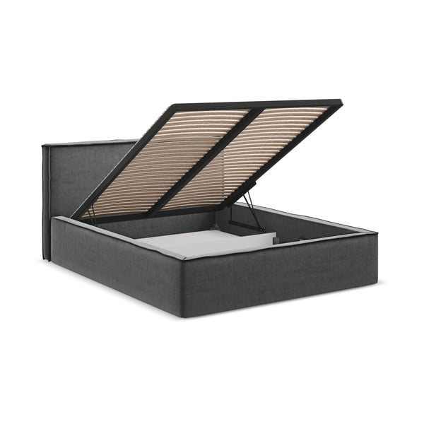 Sötétszürke kárpitozott ágyneműtartós franciaágy ágyráccsal 160x200 cm Anani – Makamii-image-2