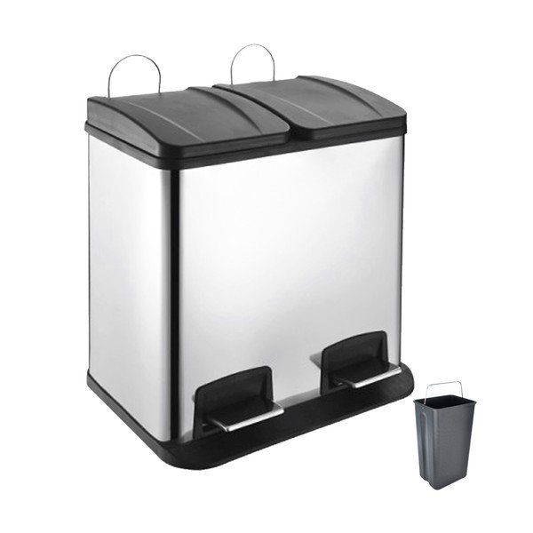 Fényes ezüstszínű rozsdamentes acél szelektív pedálos szemetes 2x20 l Duo – Orion