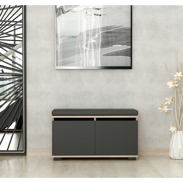 Fekete-natúr színű ülőkés cipőtartó diófa dekorral Drago – Kalune Design-image-2