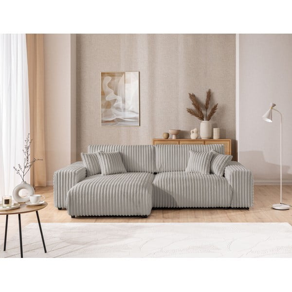 Világosszürke kordbársony kinyitható-tárolóhelyes sarokkanapé (bal oldali) Sarina – Ropez-image-1